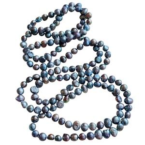 VTG Blue Peacock Baroque Freshwater Pearl beads Necklace Authentic Knotted 46"